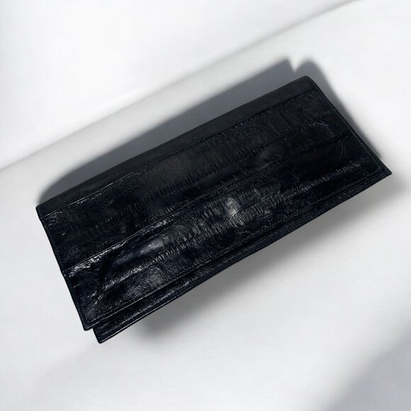 Vintage Eelskin Leather Checkbook Cover Black Slim Bifold Design - Picture 1 of 8